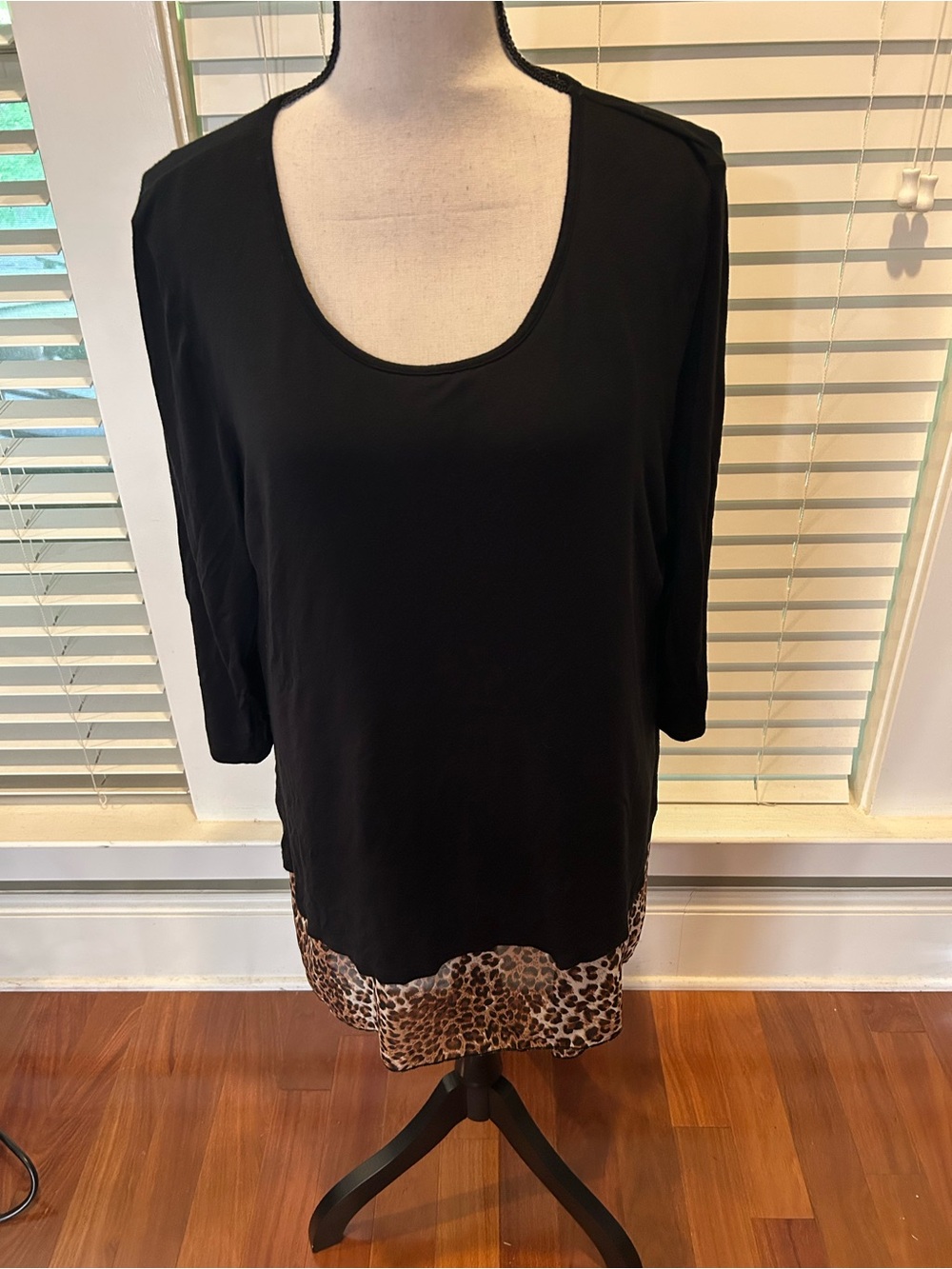 Black Scoop Neck Tunic with Leopard Hem